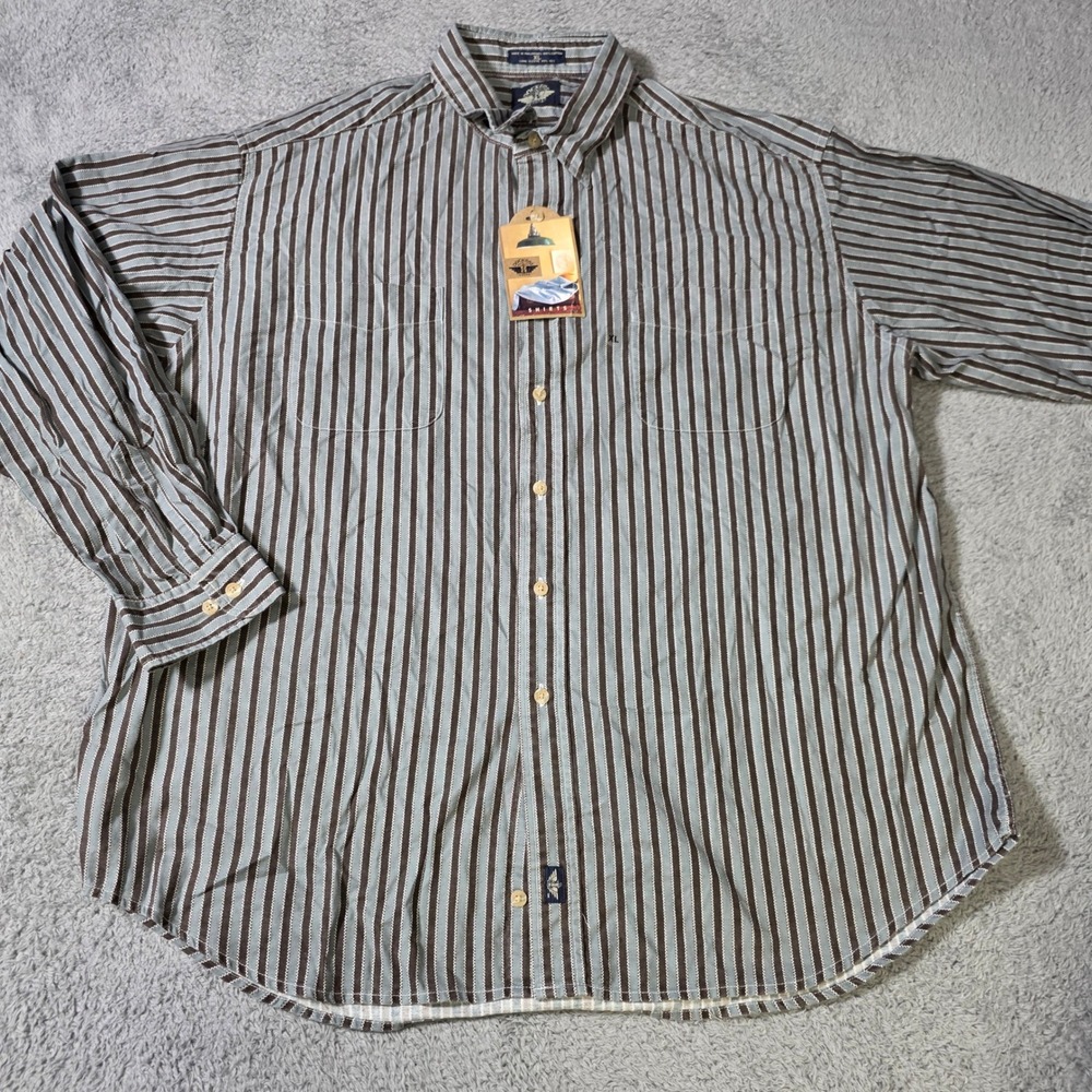 Dockers Mens XL Long Sleeve‎ Button Down Shirt Blue Brown Striped Cotton Pocket